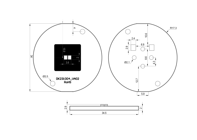 Round Led Module 2x CREE XE-G technical-drawing