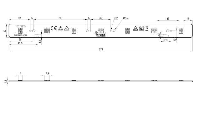Linear Led Module 7x1 Daisy 2-connectors technical-drawing