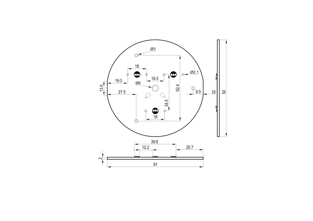 Round Led Module 3x CREE XE-G technical-drawing
