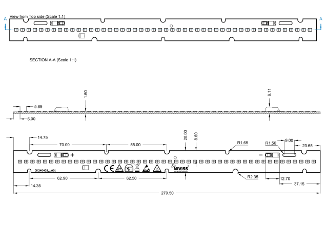 Linear Led Module 1 feet 280x20mm 48V technical-drawing